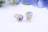 Real Blue Sapphire and Diamonds set Oval Cluster Studs in Silver