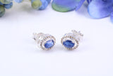 Real Blue Sapphire and Diamonds set Oval Cluster Studs in Silver