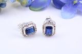 Real Blue Sapphire and Diamonds set Rectangle Cluster Studs in Silver