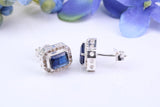 Real Blue Sapphire and Diamonds set Rectangle Cluster Studs in Silver
