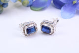 Real Blue Sapphire and Diamonds set Rectangle Cluster Studs in Silver