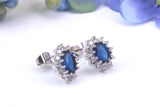 Blue Sapphire and Diamond Cluster Cubic Zirconia set Earrings, Very Dressy, Made from Solid 925 Grade Sterling Silver