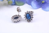 Blue Sapphire and Diamond Cluster Cubic Zirconia set Earrings, Very Dressy, Made from Solid 925 Grade Sterling Silver