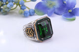 Large Green Rectangle cut C Z Gents Ring, Made from solid Silver, chunky looking ring