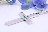 Natural Emeralds set Large 50 mm Long Chunky Cross, Made From Solid Cast Silver, Complete with Belcher Chain, British Hallmarked