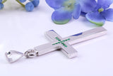 Natural Emeralds set Large 50 mm Long Chunky Cross, Made From Solid Cast Silver, Complete with Belcher Chain, British Hallmarked