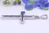 Natural Sapphires set Large 50 mm Long Chunky Cross, Made From Solid Cast Silver, Complete with Belcher Chain, British Hallmarked
