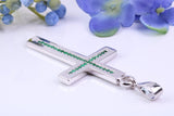 Natural Emeralds set Large 50 mm Long Chunky Cross, Made From Solid Cast Silver, Complete with Belcher Chain, British Hallmarked