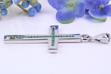 Natural Emeralds set Large 50 mm Long Chunky Cross, Made From Solid Cast Silver, Complete with Belcher Chain, British Hallmarked