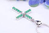 Natural Emeralds set 40 mm Long Cross, Made From Solid Cast Silver, Complete with Silver Chain, British Hallmarked