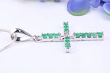 Natural Emeralds set 40 mm Long Cross, Made From Solid Cast Silver, Complete with Silver Chain, British Hallmarked