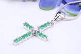 Natural Emeralds set 40 mm Long Cross, Made From Solid Cast Silver, Complete with Silver Chain, British Hallmarked
