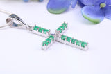 Natural Emeralds set 40 mm Long Cross, Made From Solid Cast Silver, Complete with Silver Chain, British Hallmarked