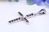Natural Sapphires set 40 mm Long Cross, Made From Solid Cast Silver, Complete with Silver Chain, British Hallmarked