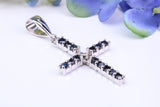 Natural Sapphires set 40 mm Long Cross, Made From Solid Cast Silver, Complete with Silver Chain, British Hallmarked