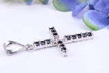 Natural Sapphires set 40 mm Long Cross, Made From Solid Cast Silver, Complete with Silver Chain, British Hallmarked
