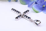 Natural Sapphires set 40 mm Long Cross, Made From Solid Cast Silver, Complete with Silver Chain, British Hallmarked