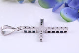 Natural Sapphires set 40 mm Long Cross, Made From Solid Cast Silver, Complete with Silver Chain, British Hallmarked