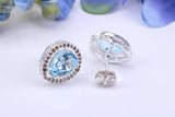 Real Blue Topaz and Diamonds set Teardrop Cluster Studs in Silver