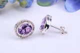 Real Amethyst and Diamonds set Oval Cluster Studs in Silver