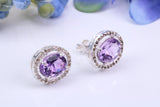 Real Amethyst and Diamonds set Oval Cluster Studs in Silver