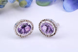 Real Amethyst and Diamonds set Oval Cluster Studs in Silver