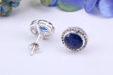Real Blue Sapphire and Diamonds set Oval Cluster Studs in Silver