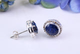 Real Blue Sapphire and Diamonds set Oval Cluster Studs in Silver