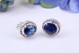 Real Blue Sapphire and Diamonds set Oval Cluster Studs in Silver