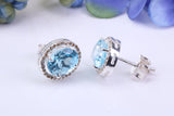 Real Blue Topaz and Diamonds set Oval Cluster Studs in Silver