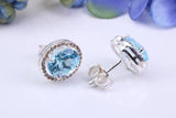 Real Blue Topaz and Diamonds set Oval Cluster Studs in Silver