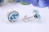 Real Blue Topaz and Diamonds set Oval Cluster Studs in Silver