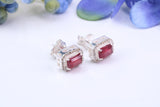 Real Ruby and Diamonds set Oval Cluster Studs in Silver