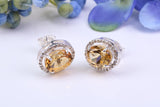 Real Citrine and Diamonds set Oval Cluster Studs in Silver