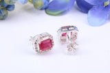 Real Ruby and Diamonds set Oval Cluster Studs in Silver