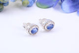 Real Blue Sapphire and Diamonds set Oval Cluster Studs in Silver