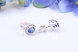Real Blue Sapphire and Diamonds set Oval Cluster Studs in Silver