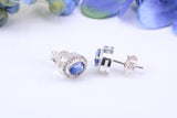 Real Blue Sapphire and Diamonds set Oval Cluster Studs in Silver