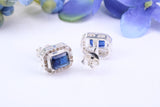 Real Blue Sapphire and Diamonds set Rectangle Cluster Studs in Silver