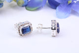 Real Blue Sapphire and Diamonds set Rectangle Cluster Studs in Silver