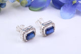 Real Blue Sapphire and Diamonds set Rectangle Cluster Studs in Silver