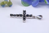 Natural Sapphires set 28 mm Long Cross, Made From Solid Cast Silver, Complete with Silver Chain, British Hallmarked
