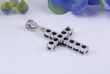 Natural Sapphires set 28 mm Long Cross, Made From Solid Cast Silver, Complete with Silver Chain, British Hallmarked