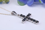 Natural Sapphires set 28 mm Long Cross, Made From Solid Cast Silver, Complete with Silver Chain, British Hallmarked