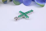 Small Natural Emeralds set 20 mm Long Cross, Made From Solid Cast Silver, Complete with Silver Chain, British Hallmarked