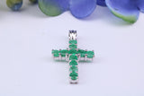 Small Natural Emeralds set 20 mm Long Cross, Made From Solid Cast Silver, Complete with Silver Chain, British Hallmarked