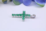 Small Natural Emeralds set 20 mm Long Cross, Made From Solid Cast Silver, Complete with Silver Chain, British Hallmarked