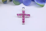 Small Natural Rubies set 20 mm Long Cross, Made From Solid Cast Silver, Complete with Silver Chain, British Hallmarked