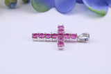 Small Natural Rubies set 20 mm Long Cross, Made From Solid Cast Silver, Complete with Silver Chain, British Hallmarked