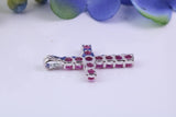 Small Natural Rubies set 20 mm Long Cross, Made From Solid Cast Silver, Complete with Silver Chain, British Hallmarked